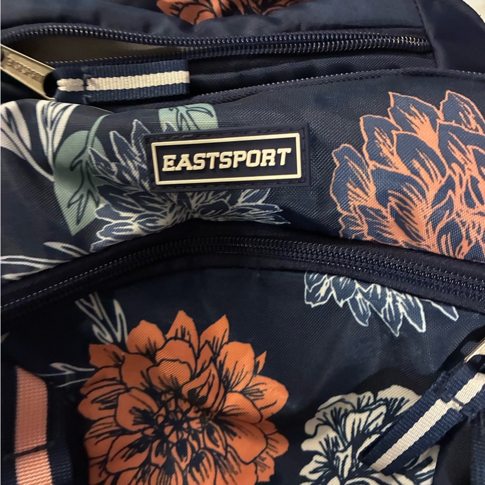Eastsport Floral Navy Backpack - Peach & Cream Accents Many Compartments - Picture 7 of 9